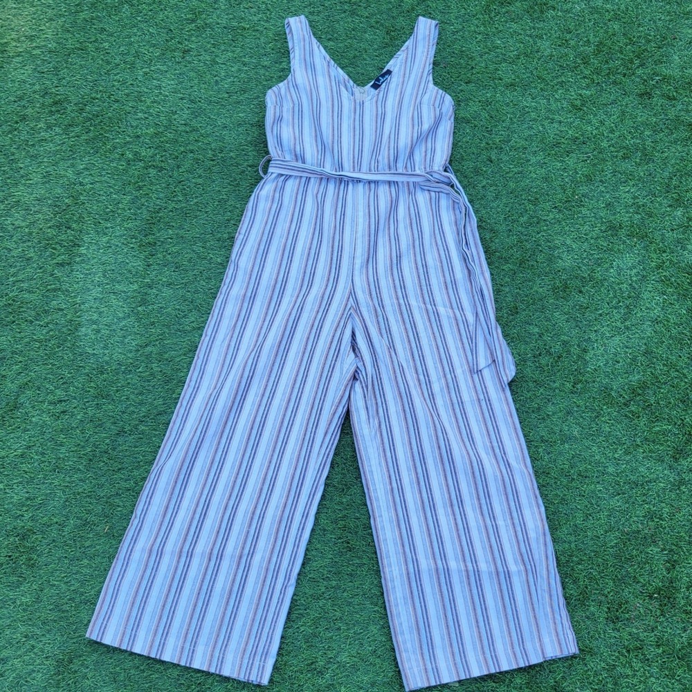 Lulus Striped Linen Blend Wide Leg Jumpsuit Blue Tan White XS R4152